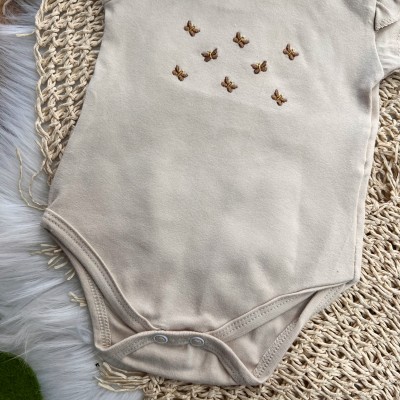  Conj. Body Mini Borboletas e Short Saia em Linho - Areia e Marrom